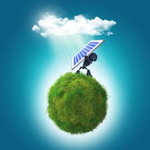 3D render of a grassy globe a robot holding a solar panel to the sunlight